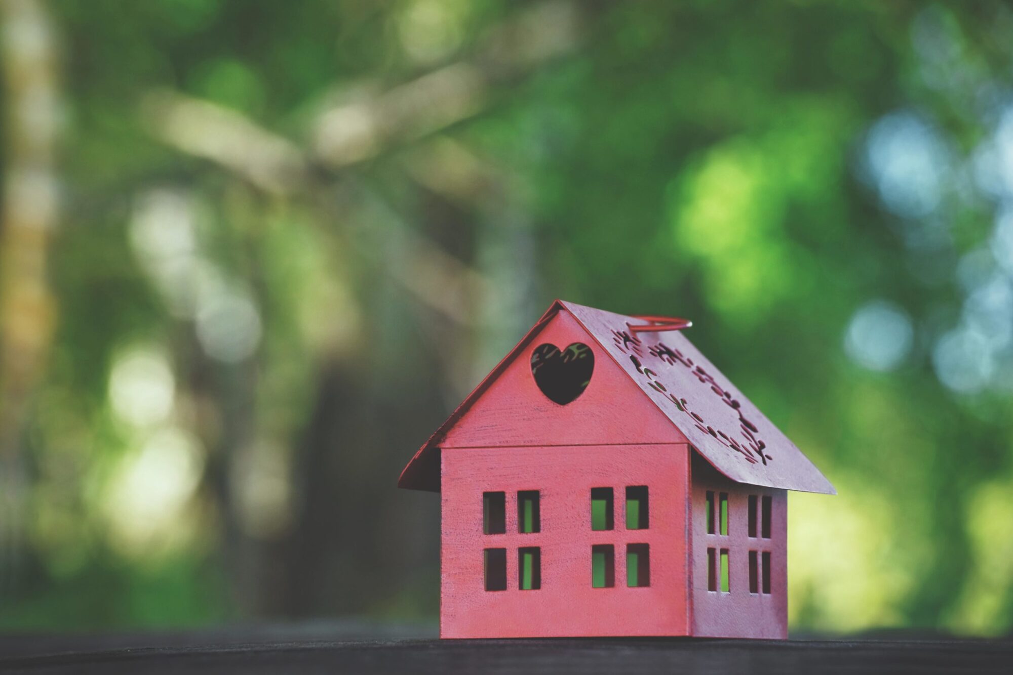 red model of house as symbol on forest or garden background